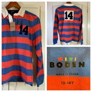 Mini Boden Boys 13–14 Rugby Shirt School Preppy Classic Red Navy Striped 14 READ